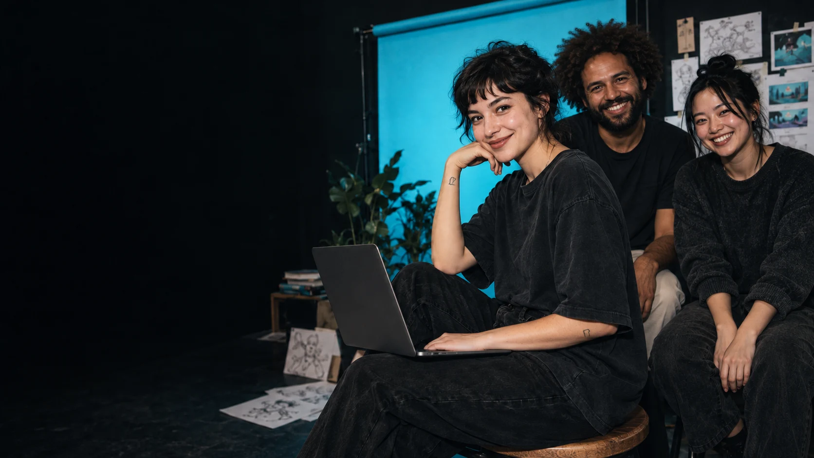 Creative friends building and sharing ideas in a cyan-accented studio